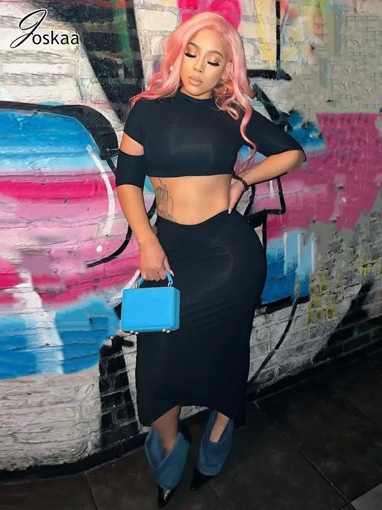 

Joskaa 2025 Fall Women's Black 2 Piece Set Sexy Hollow Short Sleeve Crop Tops+Side Bandage Asymmetrical Skirt Matching Clubwear