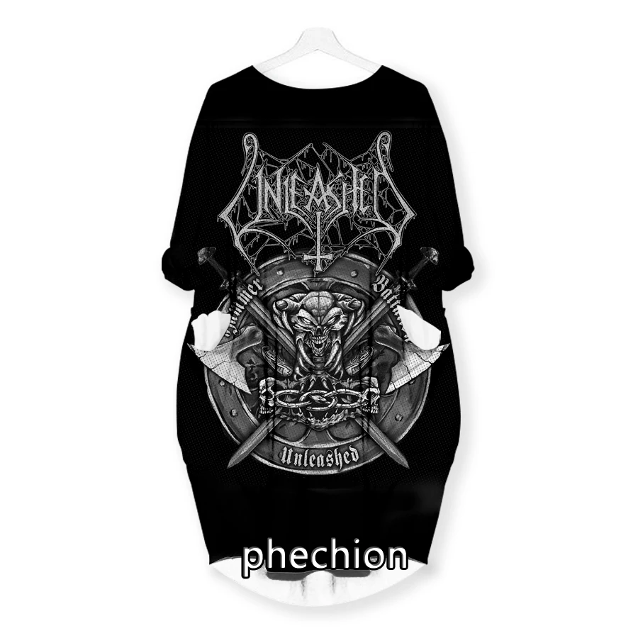 phechion New Fashion Unleashed Rock 3D Print Dresses Casual Mid-length Dress Women Clothing Pocket Long Sleeve Tops T21