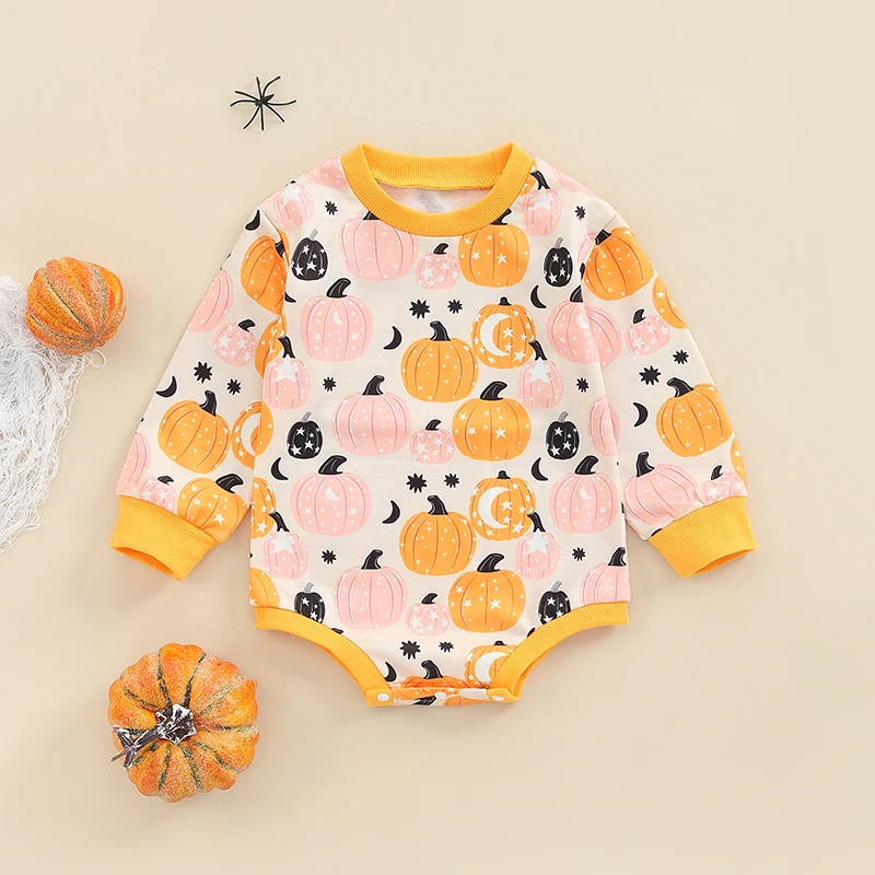 Halloween Costume  Adorable Ghost Print Long Sleeve Romper with Snap Closure Unisex Baby Toddler Jumpsuit for Fall