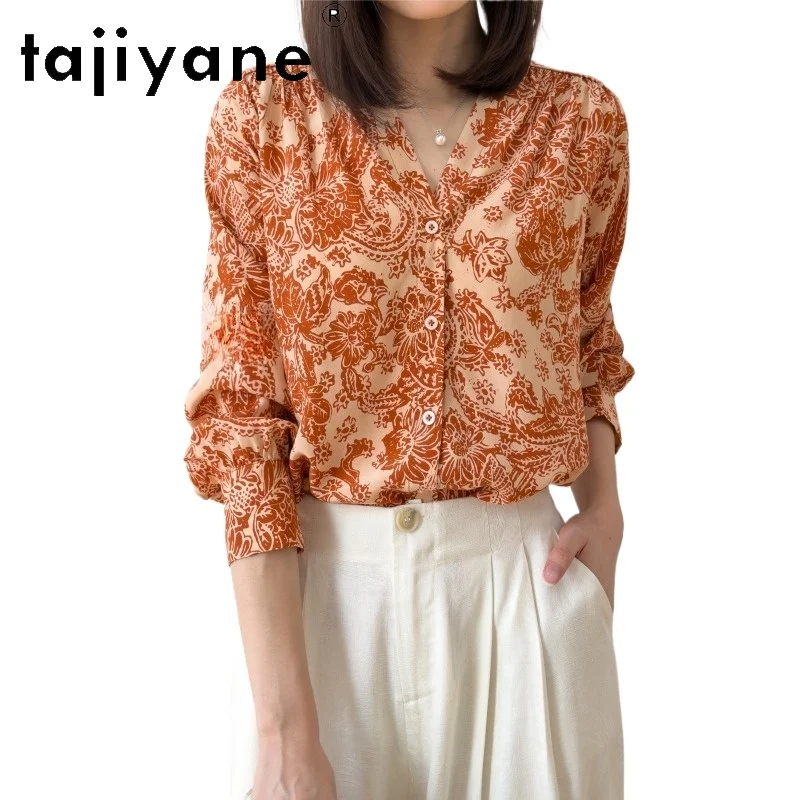 

TAJIYANE 100% Real Mulberry Silk Shirt Woman French Vintage Blouse Elegant V-Neck Ladies Tops 2026 Spring Women Clothes рубашка