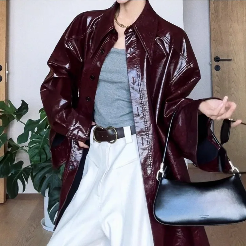 

Винтажная кожаная рубашка с длинными рукавами 2025 года, рубашка из искусственной кожи, мягкая и элегантная многослойная верхняя одежда