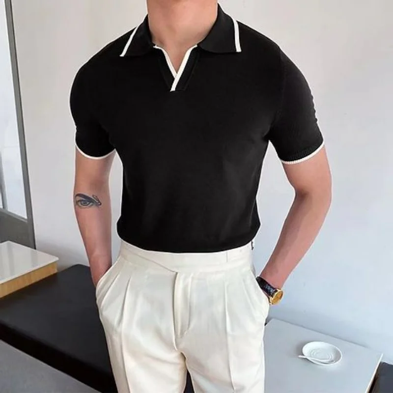 Fashion Simple Casual Summer New Panelled Polo Shirt Men\'s Lapel Patchwork Versatile Short Sleeved Versatile Slim Elasticity Top