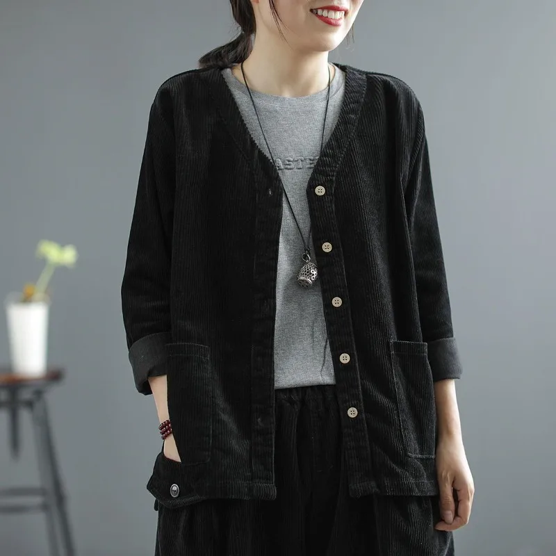 

Solid Color Striped Cardigan V-neck Work Top Corduroy Jacket