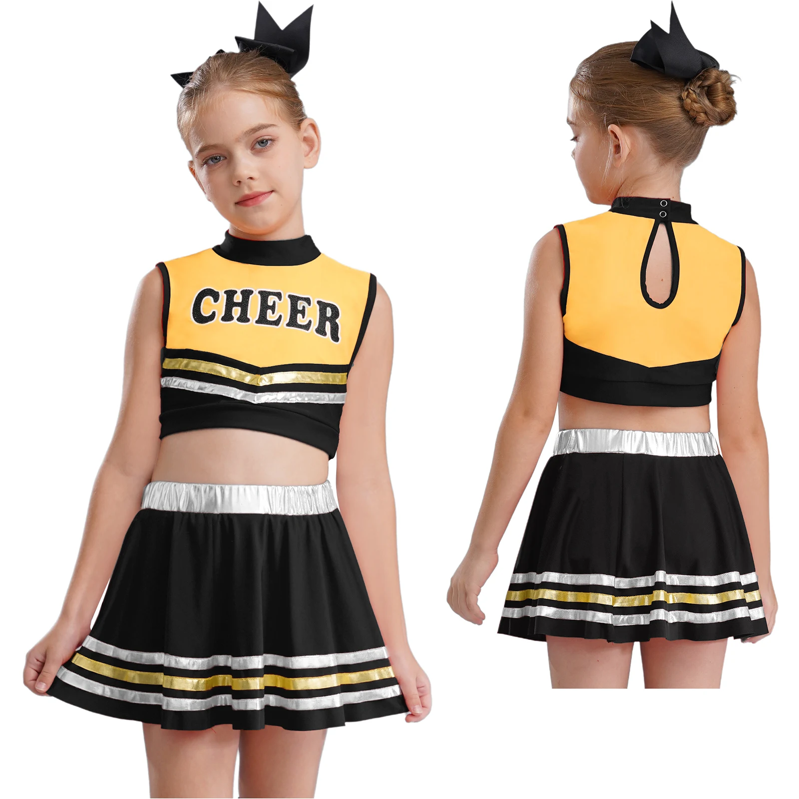 

Cheering Dance Letters Printed Crop Top with Metallic Hem Skirt for Cheerleading Dance Performance Competition Outfit