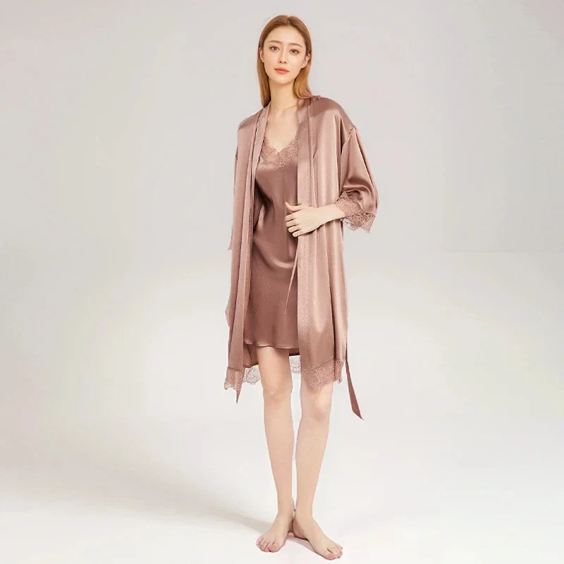 

Женский шелковый халат и платье-комбинация 19 Momme, 2 шт., кимоно из 100% тутового шелка, сорочка, ночная рубашка, весенне-осенняя одежда для дома, пижамы
