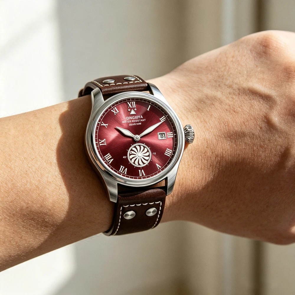 QINGXIYA Marken-Modeuhren für Herren, Turbinen-Sekundenanzeige, Quarzuhr für Männer, Hochwertige Leder-Armbanduhr, Wasserdicht, mit Datumsanzeige – Detail 16