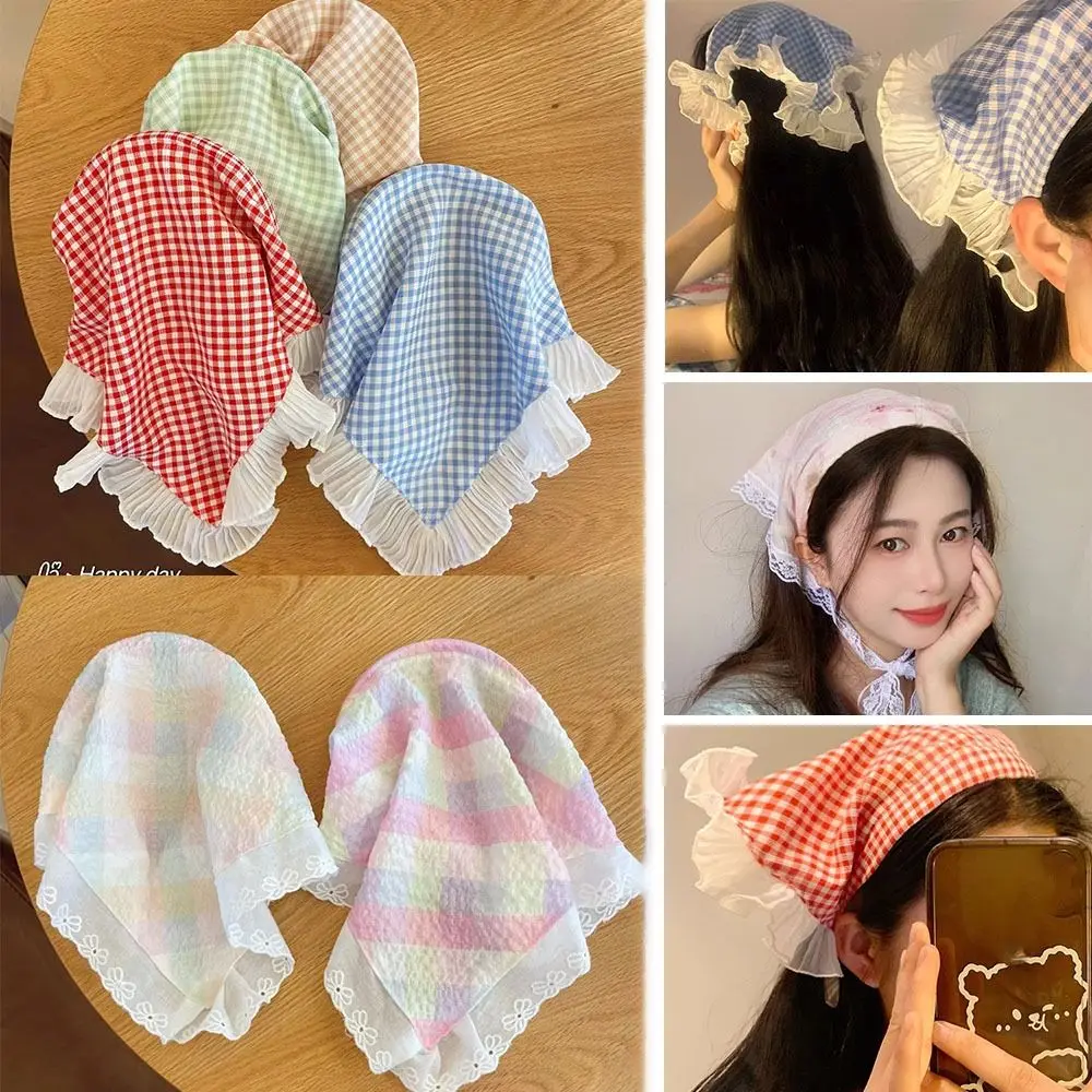 

Ins Pastoral Style Triangle Headscarf Hairhoop Lace Headband Lazy Person Lace Headscarf Hairhoop Headwear Grid Hair Accessories