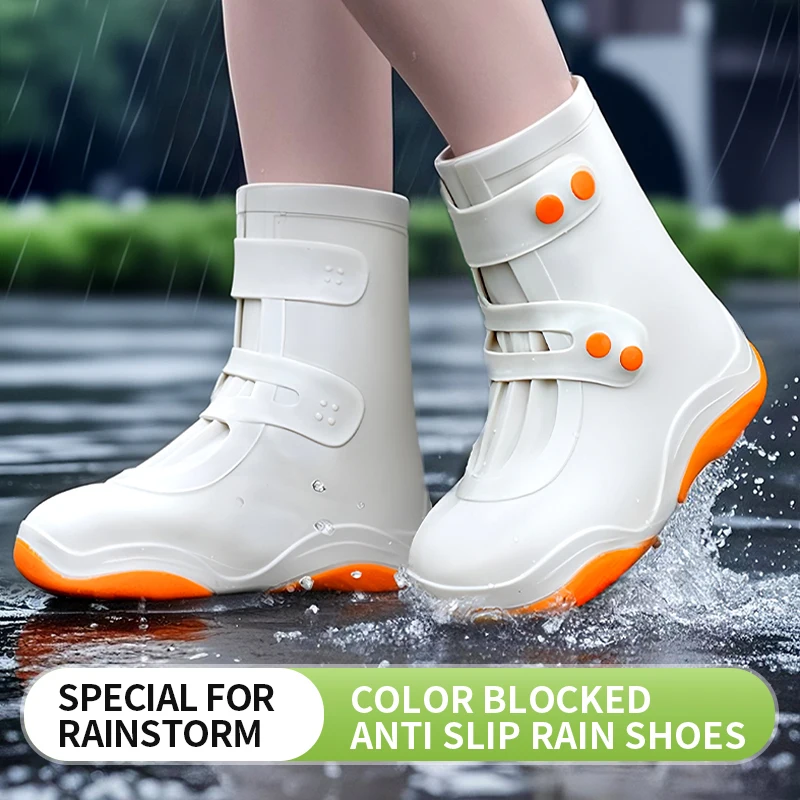 Double Buckle Color Block Rain Boots, Non-Slip Waterproof Knee High Boots for Heavy Rain, Men Women Outdoor Activities