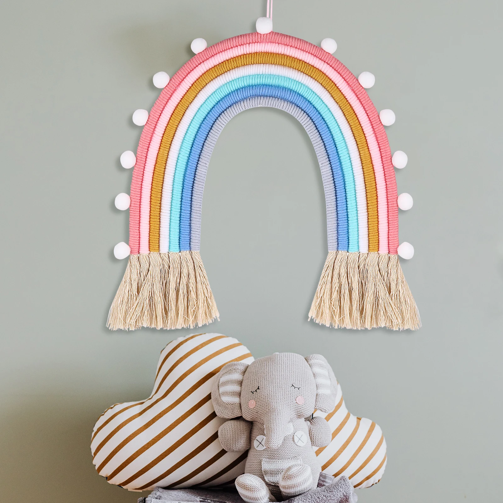 

1Pcs Rainbow Hand-Woven Pendant Chic Cotton Ball Decorative Wall Hanging for Home Decor Hand Woven Pendant Wall Decor