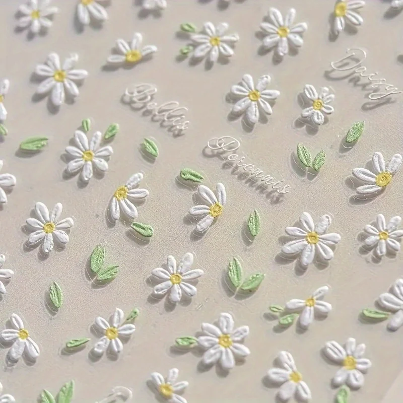 2pcs Fresh Spring Daisy Nail Sticker with Embossed Plaid Daisy Romantic Flowering Warmth