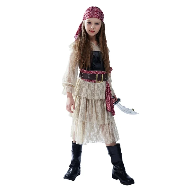 Viking Pirate Cosplay Anime Halloween Costume for Kids Girl Carnival Princess Fancy Party Dress Skirt Role Play Pirate Vest