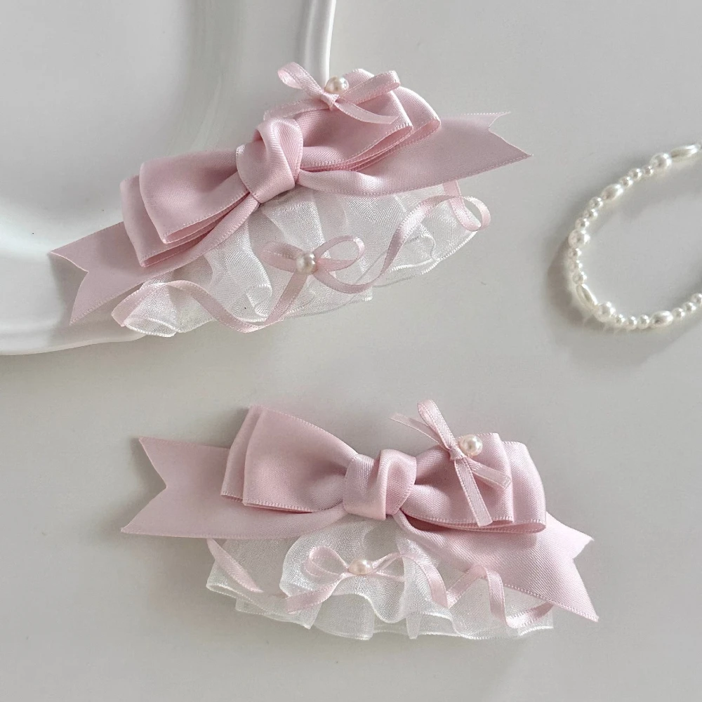 Sweet Pink Bow Hair Clip for Girls Ribbon Bow Short White Ruffle Metal Duckbill Clip Hair Ornaments