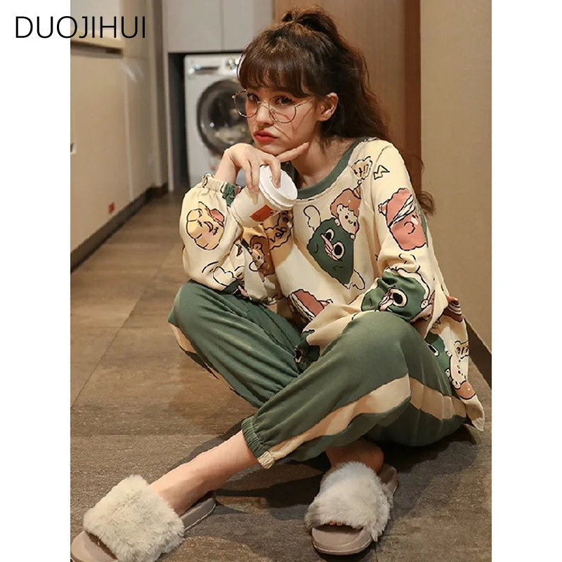 DUOJIHUI Spring Chicly Printed Loose Casual Home Pajamas for Women Basic O-neck Pullover Simple Pant Fashion Female Pajamas Sets