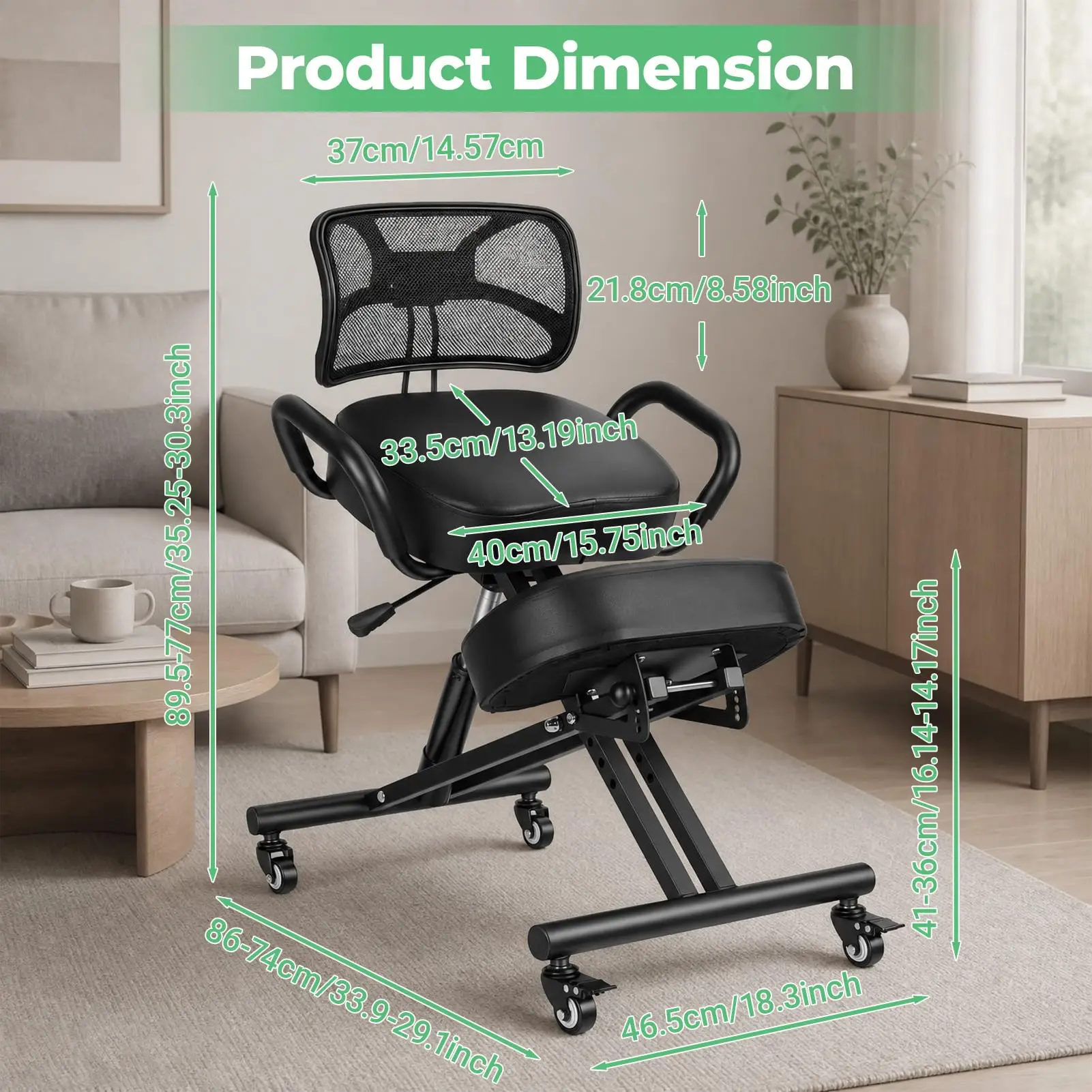 Ergonomic Kneeling Chair with Back Support, Height Adjustable Kneeling Office Chair with Wheels, Posture Correction