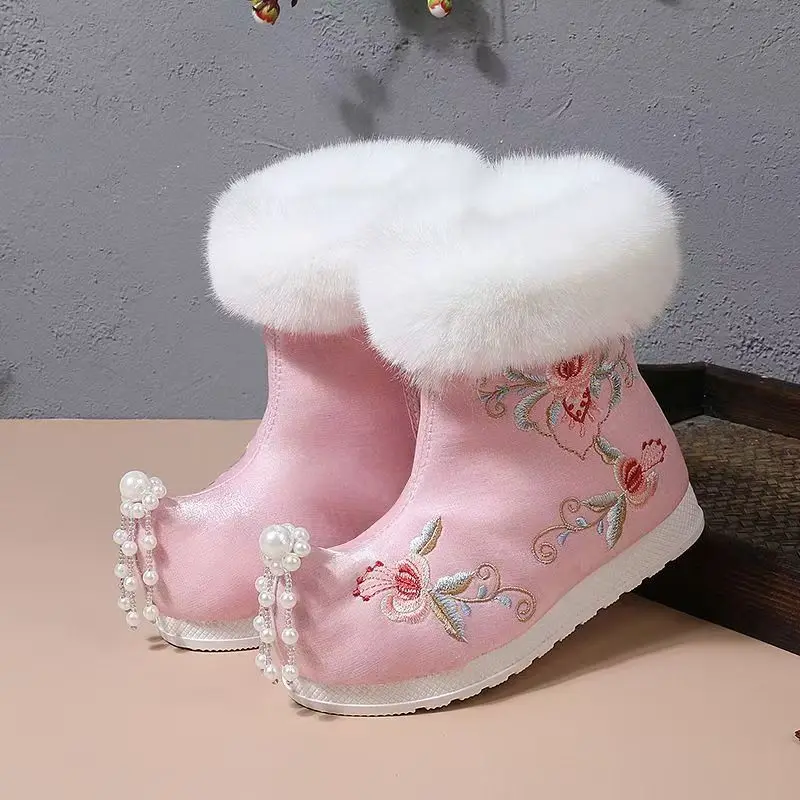 

Новые зимние женские высокие сапоги в этническом стиле с вышивкой, утепленные плюшевые ботинки для сохранения тепла, сапоги-ханьфу с закрытым носком, новогодние хлопковые ботинки