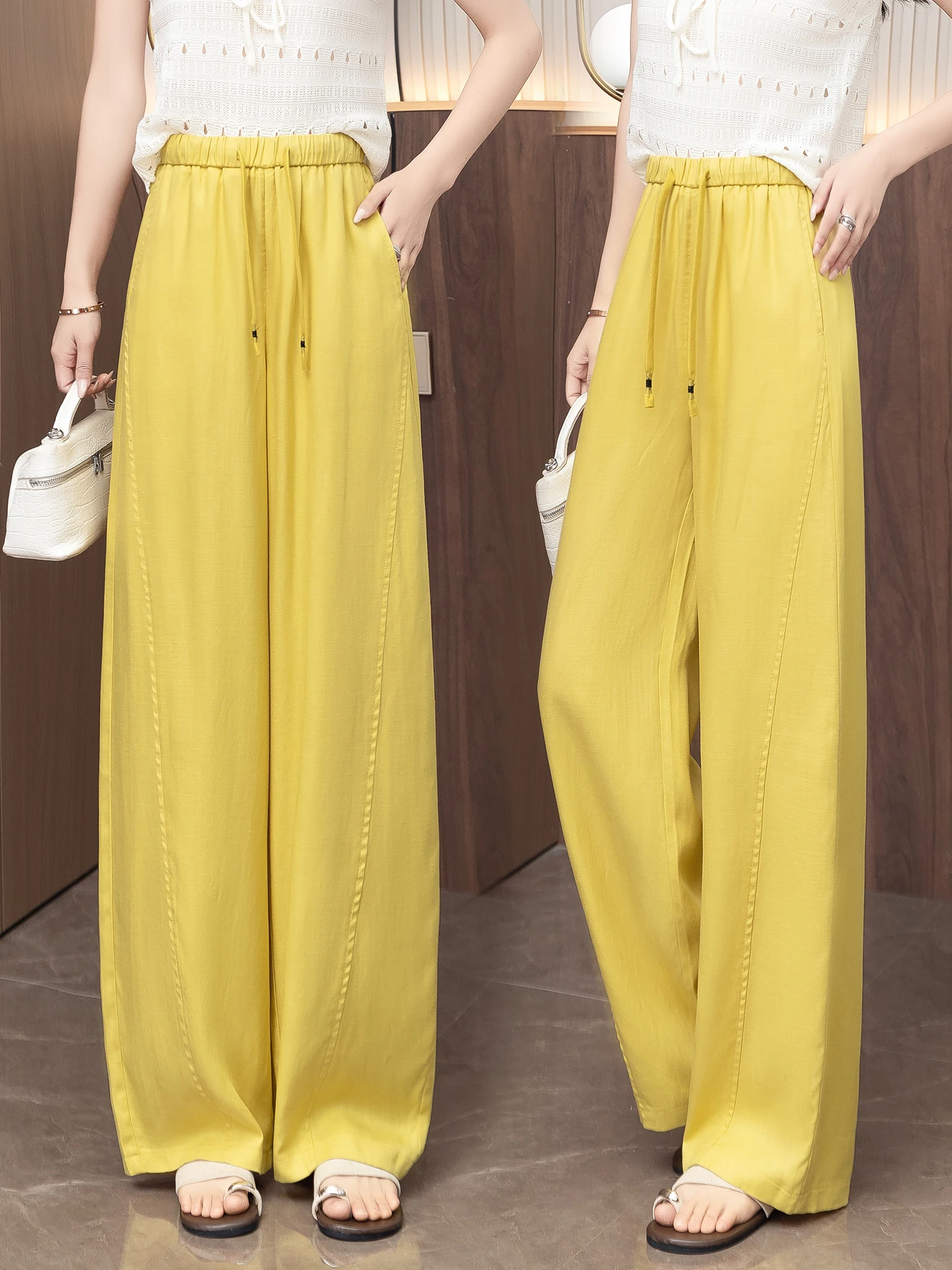 Ice Silk Linen Wide Leg Pants Women Summer Thin Elastic High Waist Loose Drape Casual Knife  Pants Casual Straight Leg Tr...