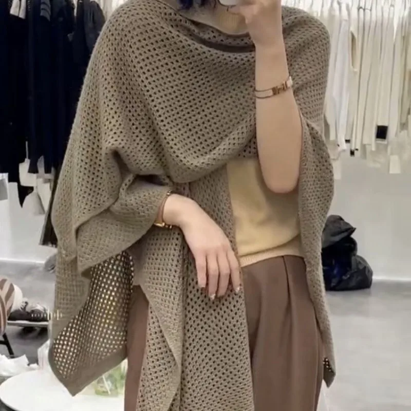 Knitted Outer Hollow Shawl Female Loose Korean Fashion Cardigan New Solid Color Cape Sweaters for Women Irregular Shawl