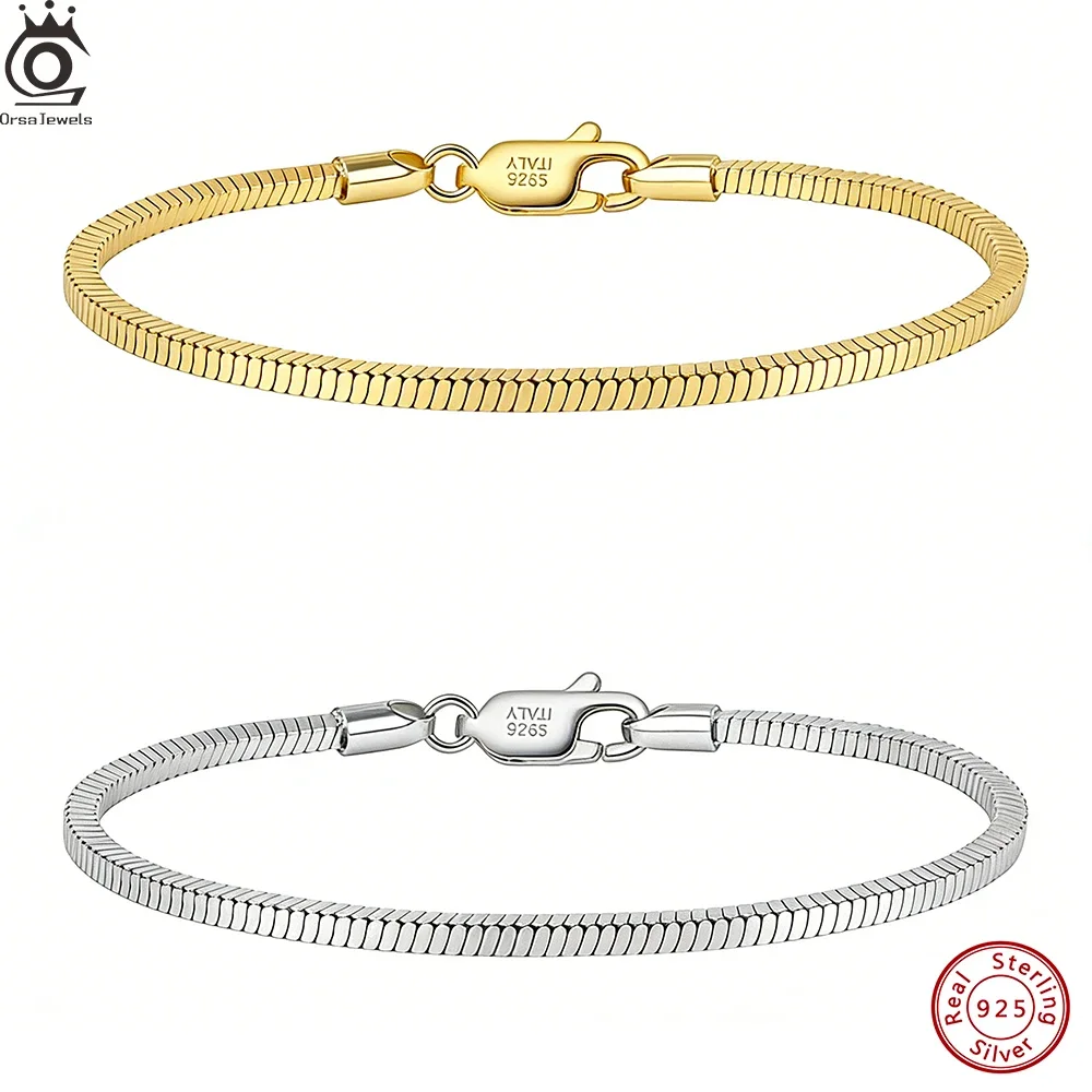 

ORSA JEWELS S925 Silver Fashion 2mm Snake Bone Chain Bracelet for Woman Causal Thick Wrist Chain Party Jewelry SB221