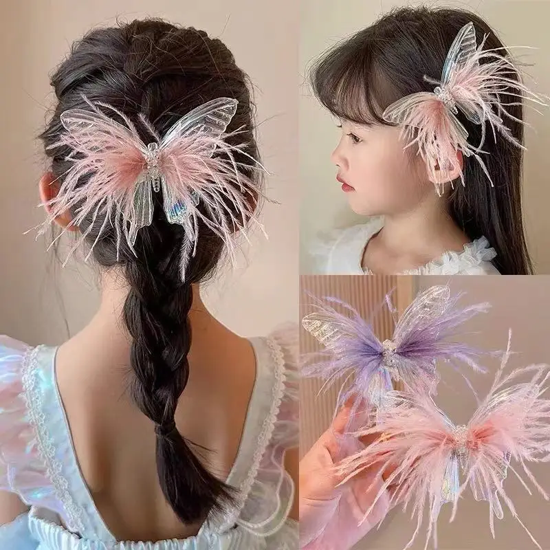 Colorful Feather Hair Clips for Girl Shiny Rhinestone Butterfly Barrette Fairy Headdress Princess Hairpins Kids Hair Accessories