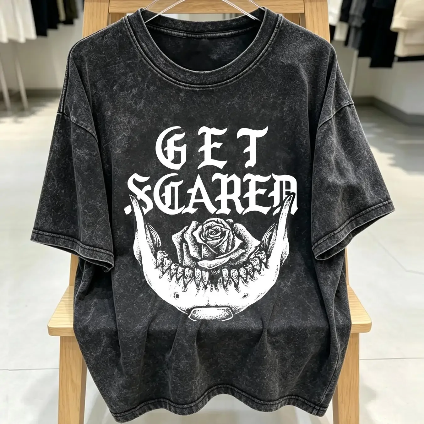 washed T Shirt Get Scared Band Logo For Fan Black All Size AG1375 vintage Washed designer clothes Soft streetwear Stretched