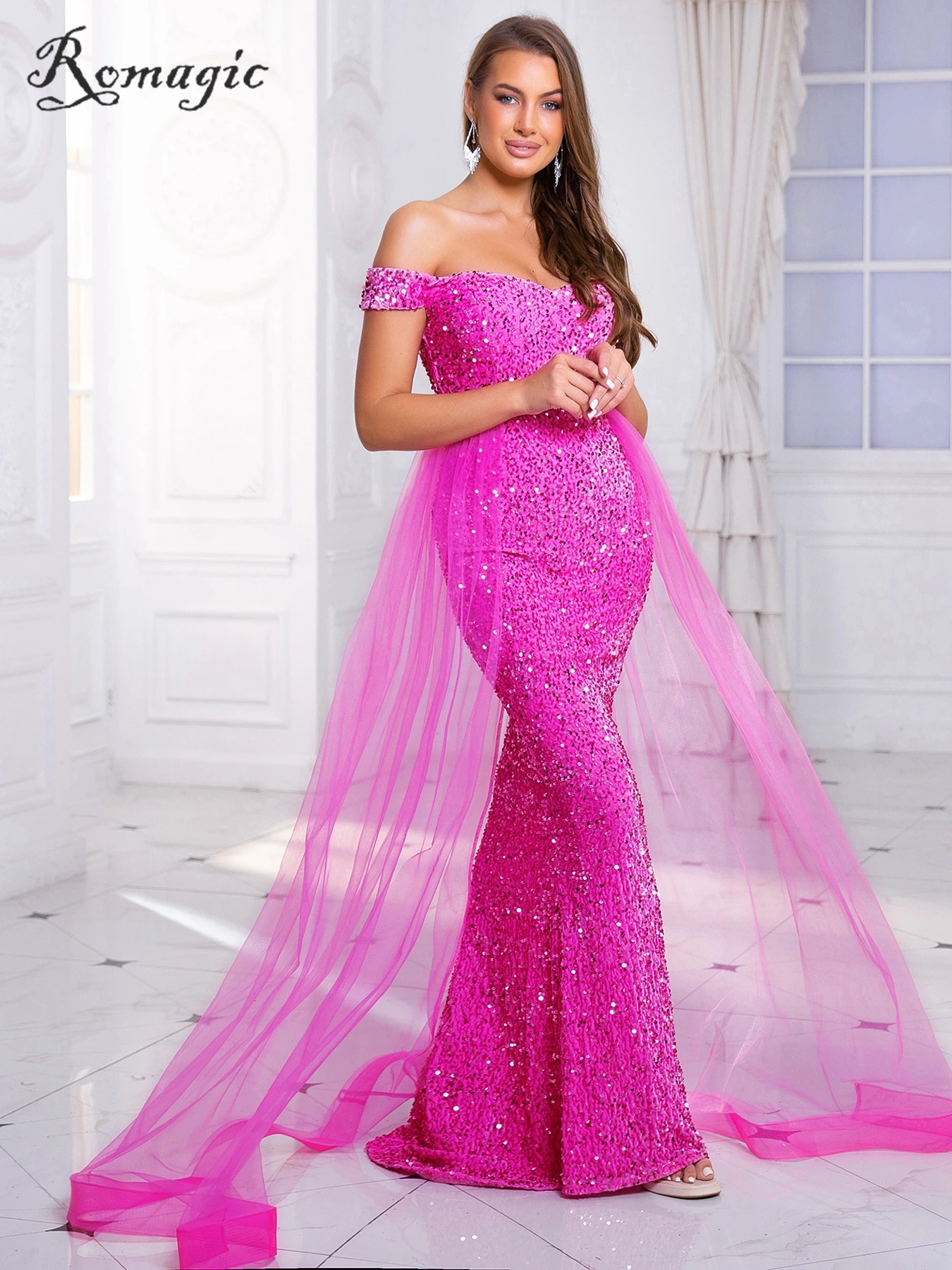 Romagic Off Shoulder Pink Evening Party Dress with Train Fashion Women Backless Spark Sequin Velvet Wedding Prom Gown 2024