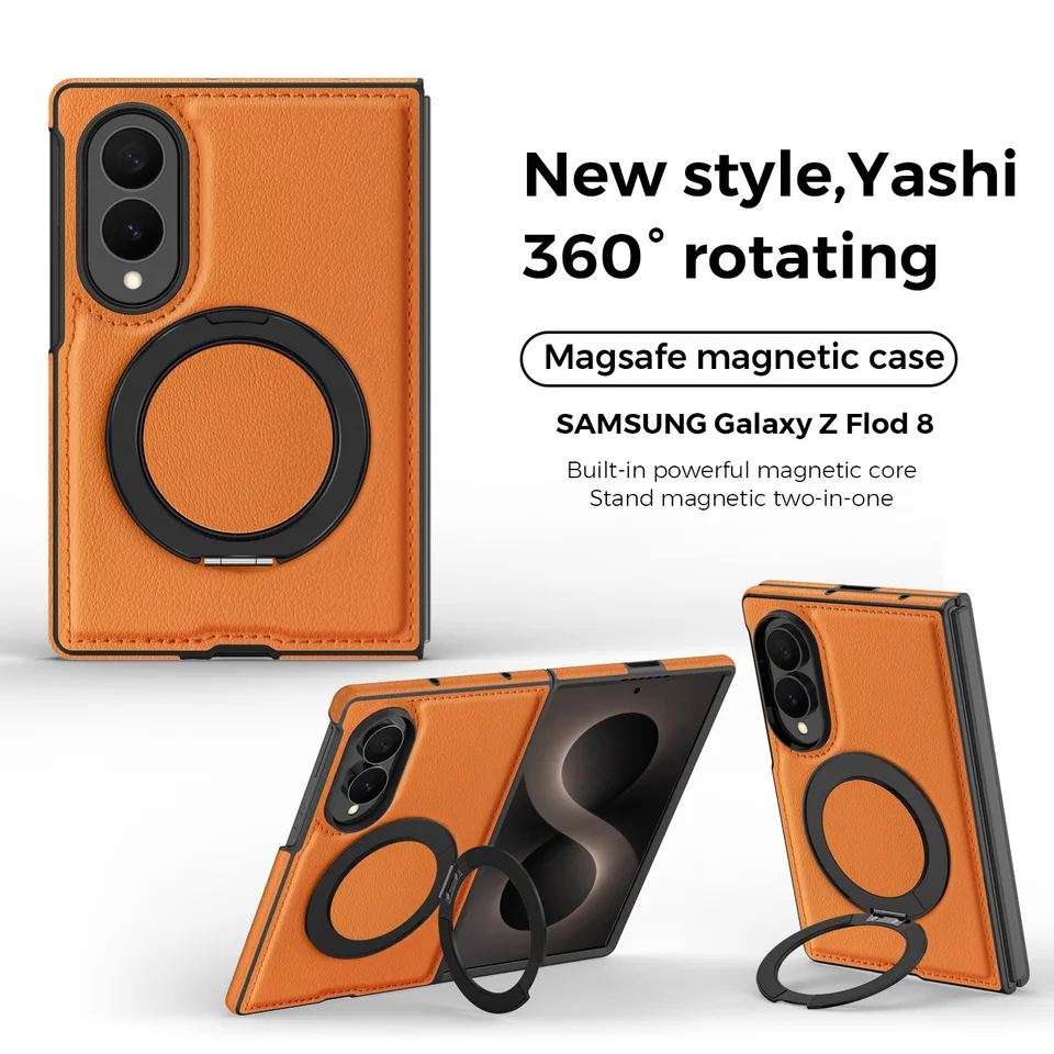 Funda con soporte giratorio de textura de cuero para Samsung Galaxy Z Fold 8 Wide 8Ultra 7 6 5 4 3, compatible con carga magnética 2