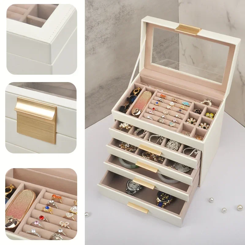 3/4/5/6-Layer Glass Jewelry Box Drawer-Type Lock Jewelry Storage Box Necklace Ring Ear With Velvet Lining Jewelry Storage Box