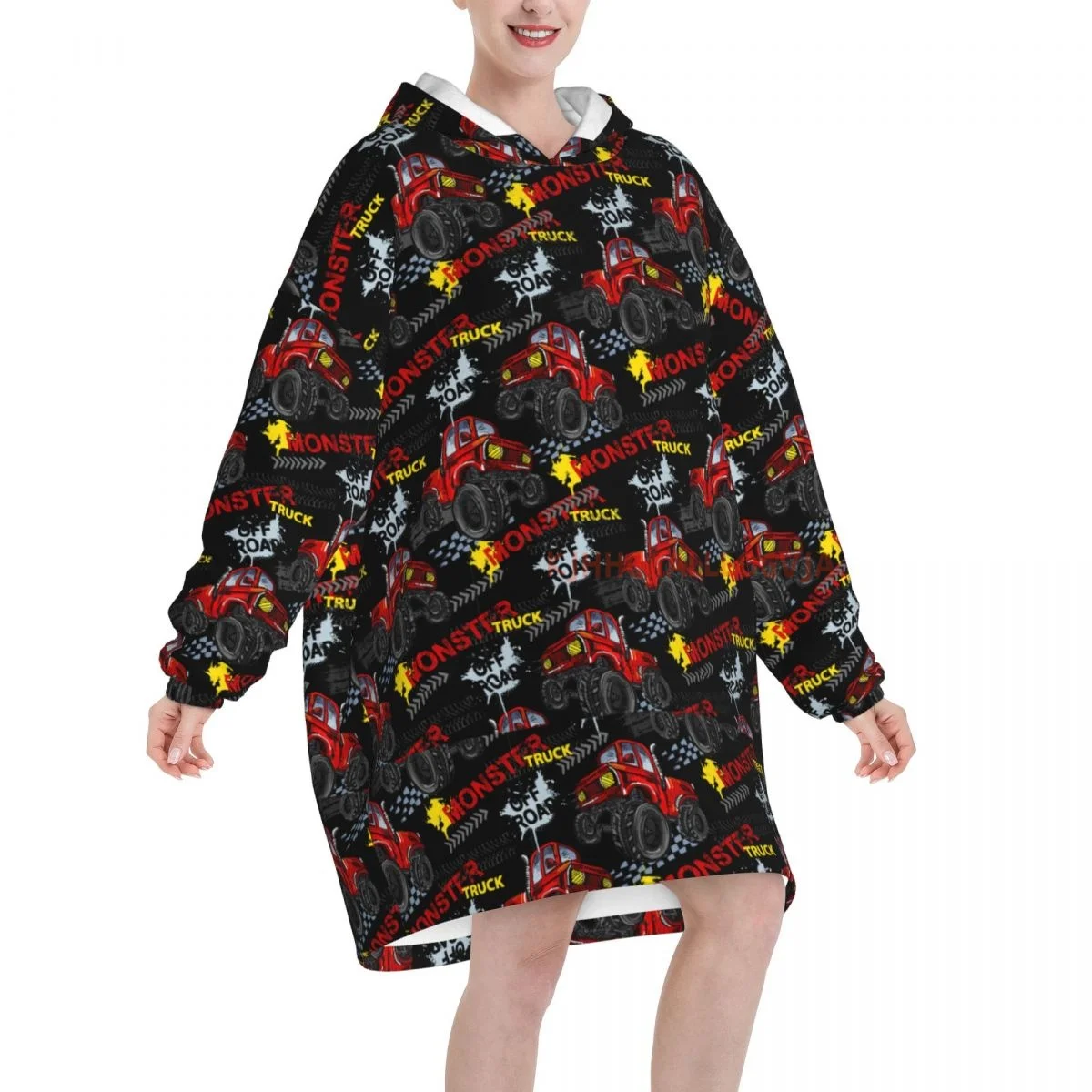 Cool Red Monster Trucks Cars Wearable Flannel Blanket Hoodie Oversized Hooded Blanket Pullover Sweatshirt Fleece Sherpa Blankets