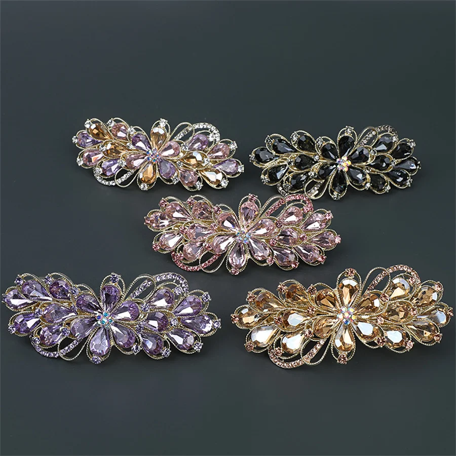 Korean Retro Crystal Flower Spring Hair Clip Vintage Rhinestone Horizontal Clip Top Clip Elegant Mom Fashion Hair Accessories