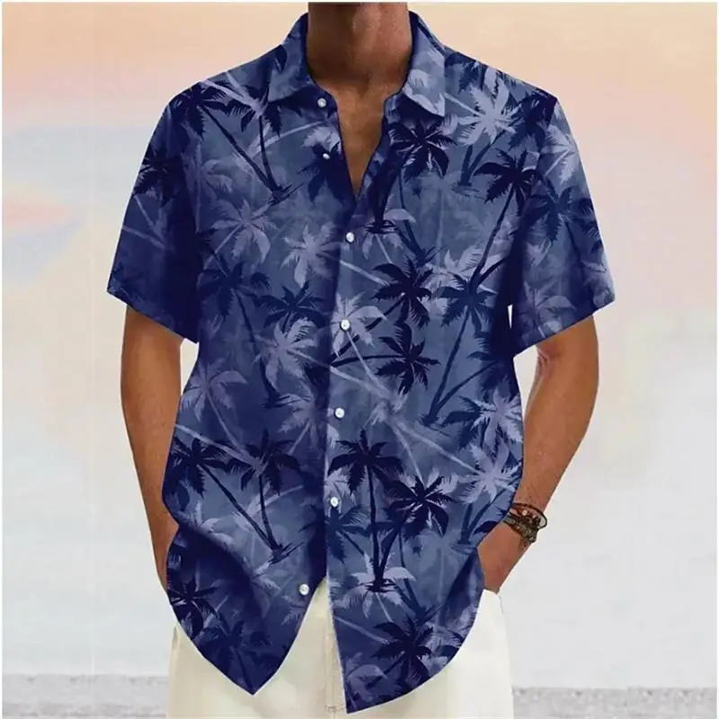 Summer Men\'s Hawaiian Shirt Blue Coconut Tree Short Sleeve T-Shirt Casual Lapel Printed Men Fashion Button Beach Blouse Clothes