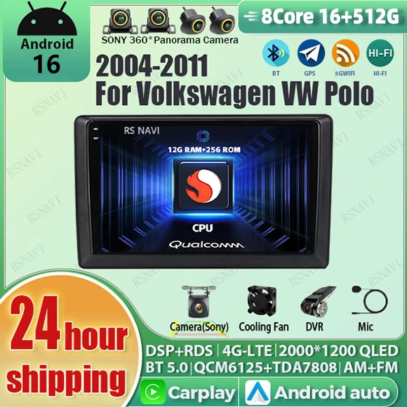 Android 16 Carplay Auto 2K Screen Car Radio Multimedia For Volkswagen VW Polo 2004-2011 WIFI+4G DSP Autoradio Stereo Head Unit