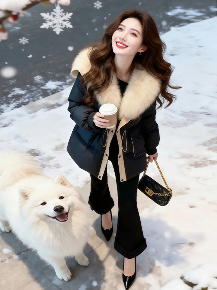 Women's Winter Puffer Jacket Large Fur Collar down Cotton Coat Waist Cinched Fashionable Warm Cotton Clothing Korean Style