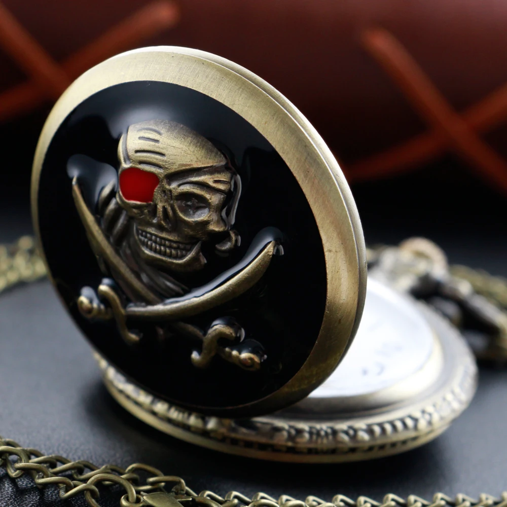 Reloj de bolsillo de cuarzo en relieve para niños y hombres, pulsera de mano con diseño de calavera de pirata en 3D, cadena de regalo con colgante Vintage