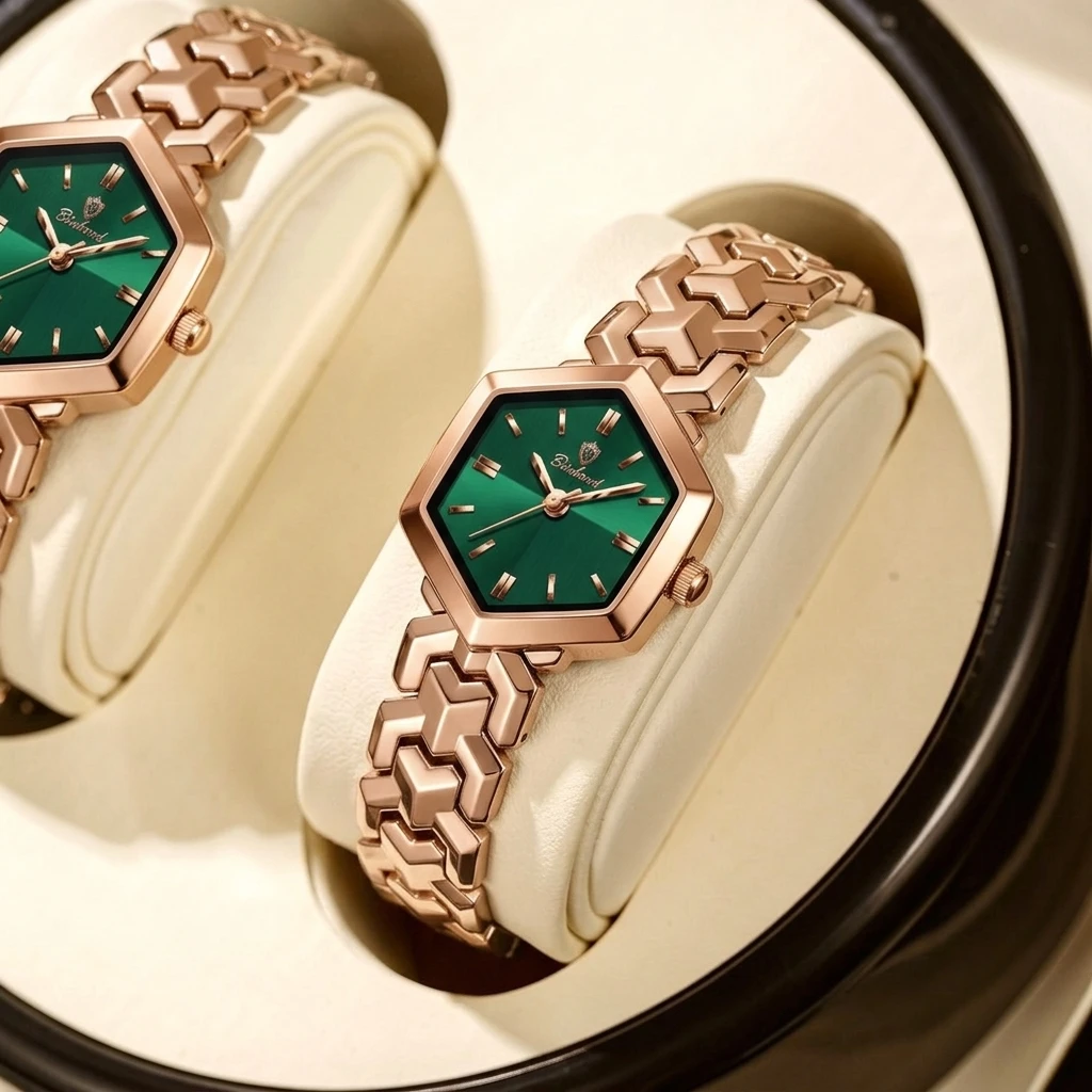 4pcs Women's Rose Gold & Green Metal Elegant Fashion Hexagonal Dial Quartz Watch Gift Box Set for Daily Wear, Valentine's Day