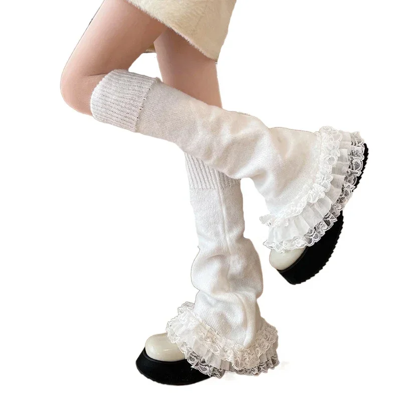 Musuos Warm Women Leg Warmers, Floral Lace Frill Warm Foot Cover in White and Black, Boot Cuffs, Fashion Streetwear Socks