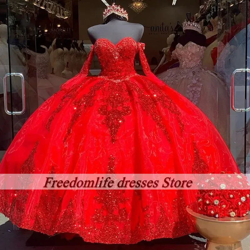 فساتين Quinceanera حمراء مذهلة مع مزين بالترتر ، فساتين حفلات لمسابقة الأميرات ، فستان حفلة مكسيكي ، فساتين أعياد الميلاد للفتيات ،