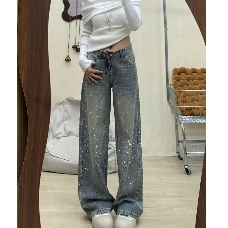 

Spring New Arrival Bling Hot Rhinestone Jeans Female Loose Slim High Waist Straight Wide Leg Premium Denim Fashion Long Pants