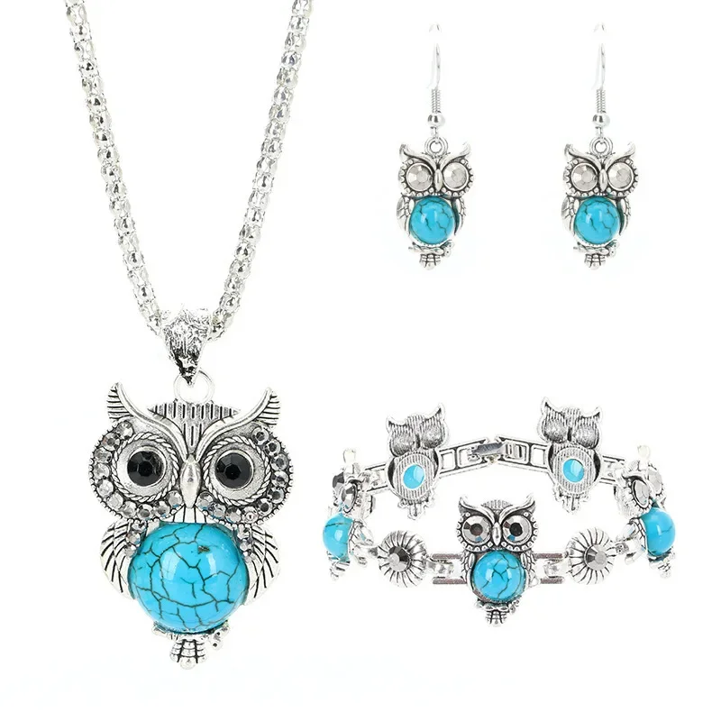 

Retro Turquoise Owl Jewelry Sets 925 Silver Pendant Earring Bracelet Necklace Fashion Chain Handmade Amulet Gifts for Her Woman