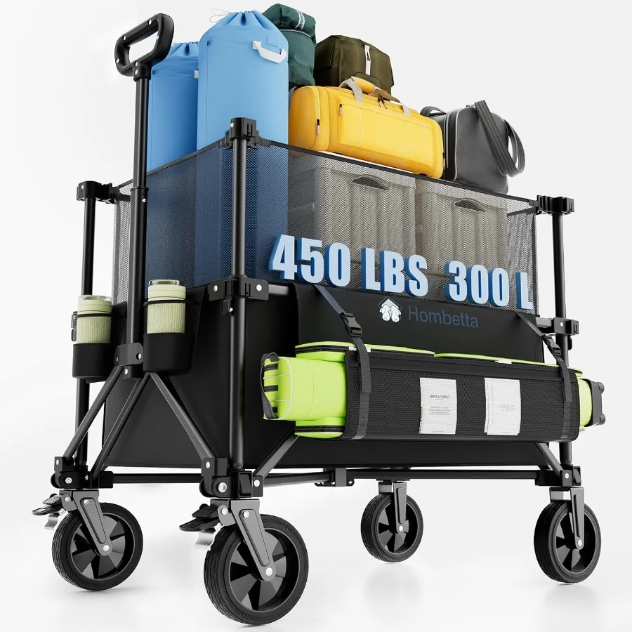 

Folding Wagon Cart Foldable with Wheels Adjustable Decker 150L-300L Capacity All-Terrain Wheels and Brake 450LBS Heavy Duty Col