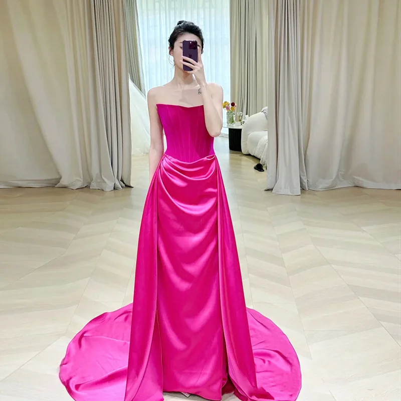 Pink Evening Dress Women Niche Rose Red Tube Top Strapless Sexy Gown Party Mermaid Dress Bridal Wedding Toast Dress