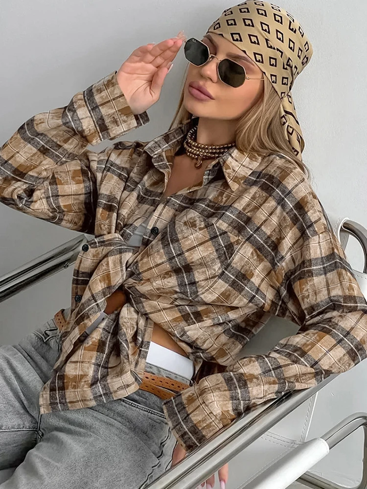 Aynaray Women Autumn Winter 2024 Vintage Oversized Plaid Shirt Long Sleeve Loose Fit Blouse For Woman