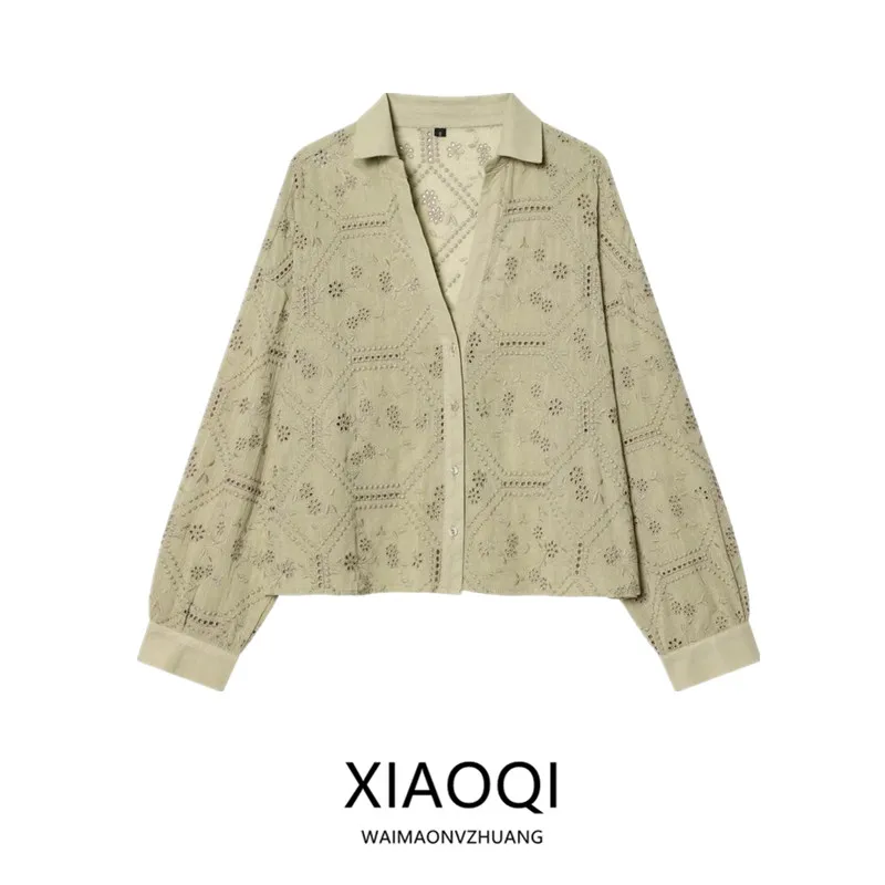 

Spring 2026 Women's Long Sleeve Embroidered Hollow out V-Neck Shirt Versatile Fashionable Casual Loose Fit European Style