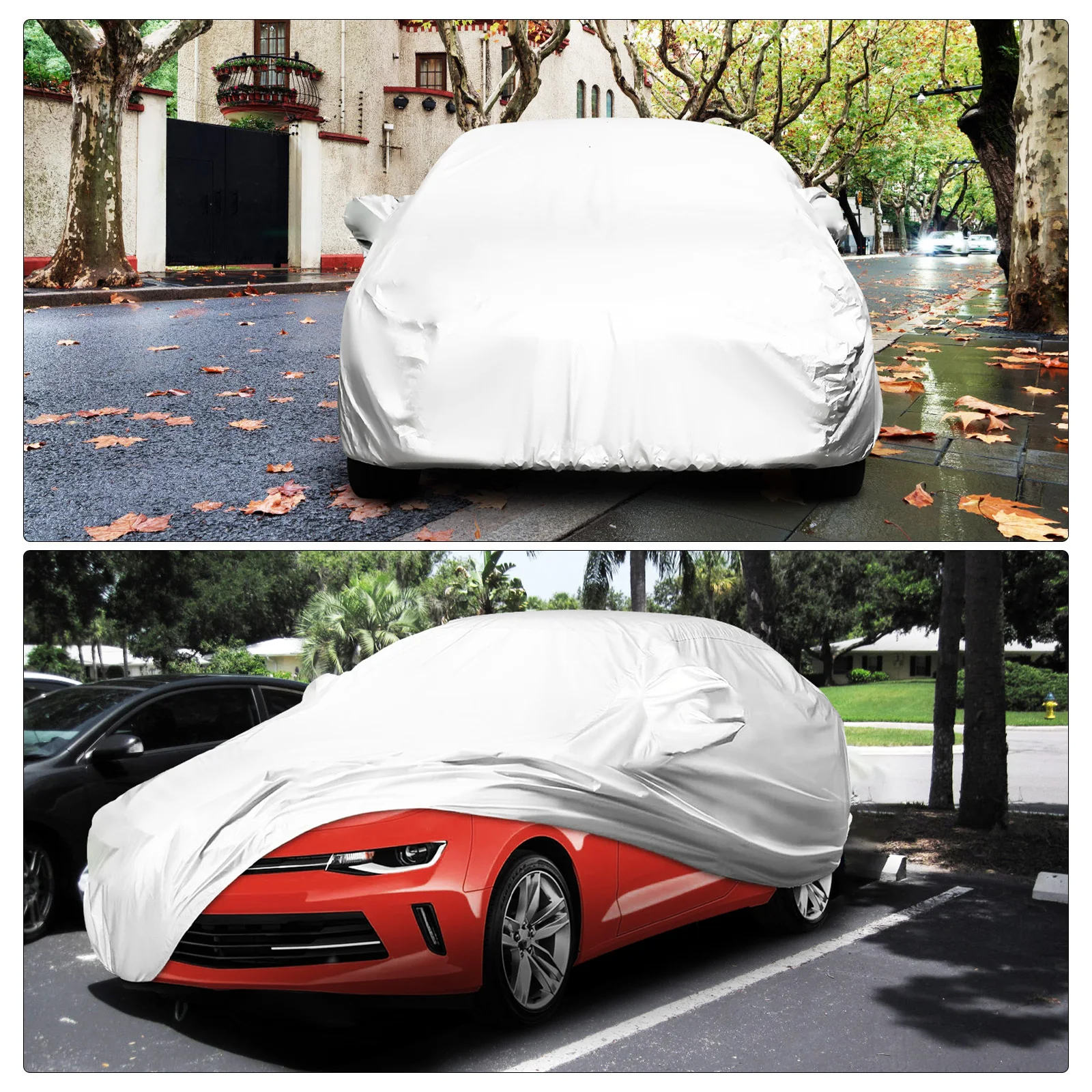 غطاء سيارة عالمي 170T مطلي بالفضة لحماية جميع الأحوال الجوية من أجل الشمس والمطر والغبار يناسب معظم السيارات Suv Xl مقاس أغطية السيارات