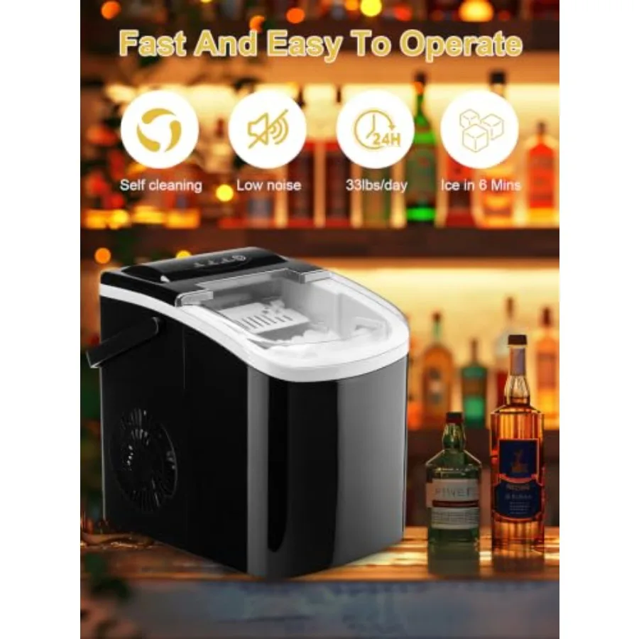 Countertop Ice Maker, Portable Ice Cube Machine, 9 Cubes Ready in 6-13 Mins, 15kg/33lbs, Portable Ice Cube Machine, Carry Handl