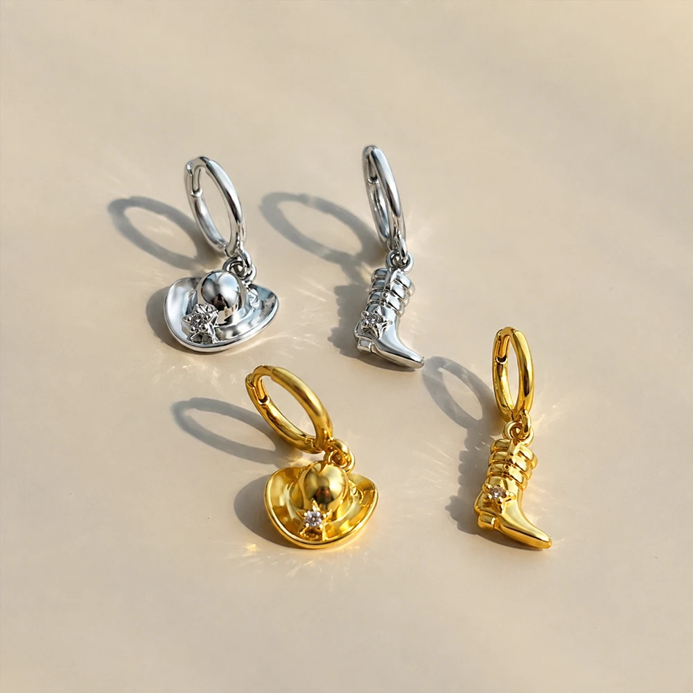 Punk Stainless Steel Cowboy Hat Boot Pendant Earrings for Women Vintage Gold Silver Color Hoop Earrings Statement Jewelry Gift