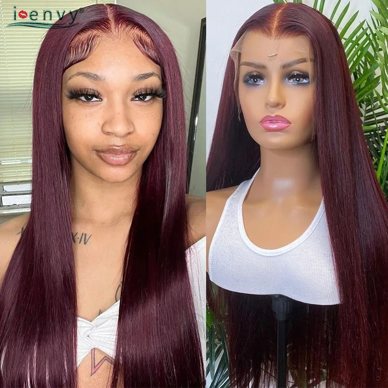 Burgundy Red Straight Lace Front Human Hair Wigs 13X6 Lace Frontal Wig Pre Plucked Colored 13X4 Transparent Lace Front Wigs Remy