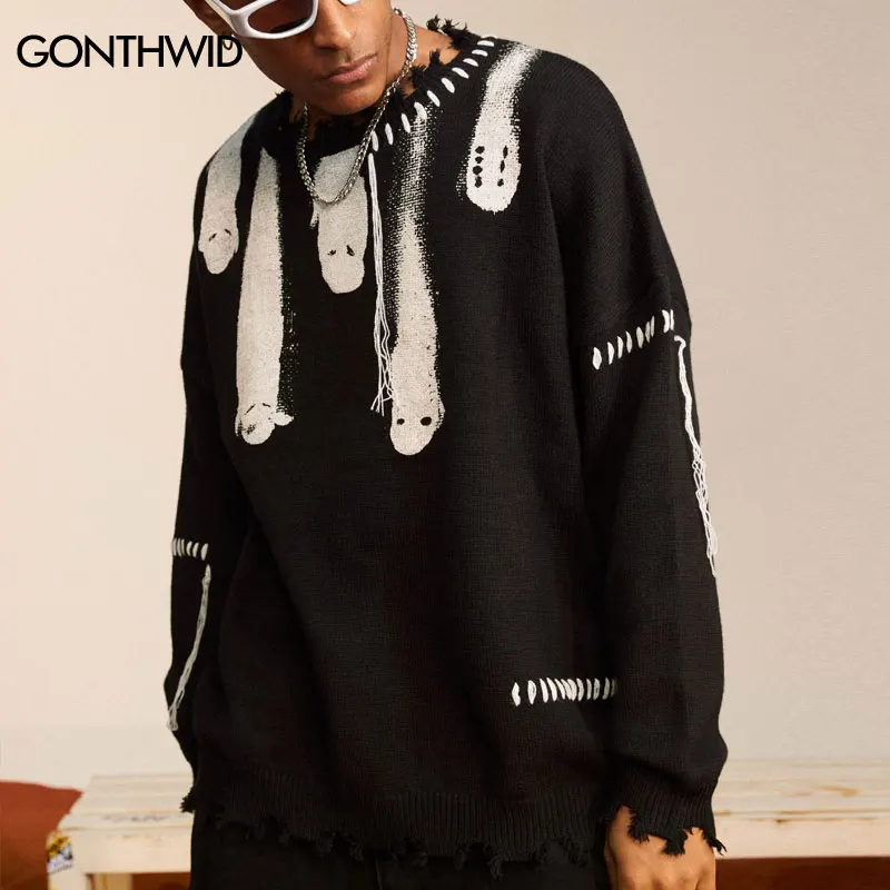 GONTHWID 2023 Hip Hop Knitted Sweater Streetwear Ghost Graphic Distressed Ripped Pullover Men Harajuku Casual Short Sweater Punk