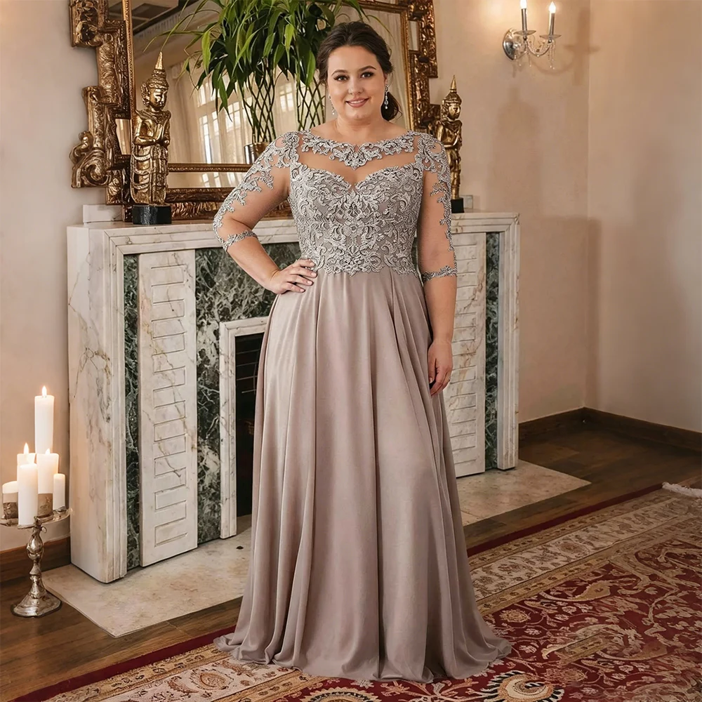 

Yolanda Mother Of The Bride Dresses Plus Size Crew Neck Illusion Lace Applique Chiffon A-line Women's Wedding Party Customized