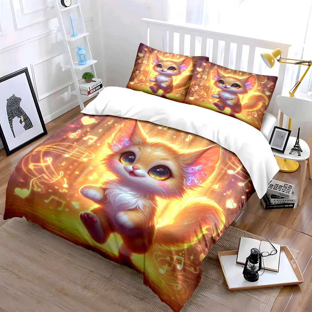 Glowing music and dancing cute cat Print Bedding Set 1 Duvet Cover 2 Pillowcases for Adult and Children Luxury Gift Full Size