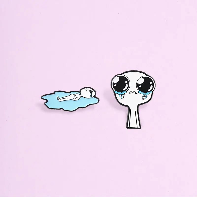 Crying Big Eyes Enamel Badge Funny Meme Man Sad Expression Pin Lying In Puddle Stick Figure Metal Brooch Lapel Accessory Gift